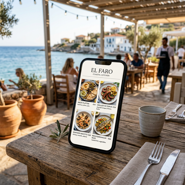Digital menu in a Mediterranean cafe setting