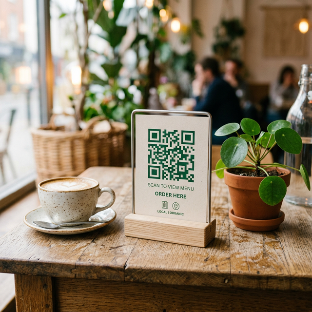A QR code stand on a cafe table next to a coffee cup and small plant