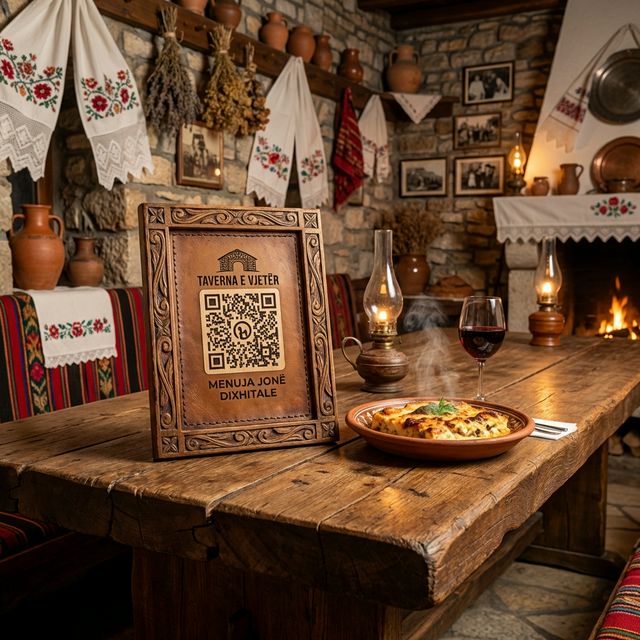 Rustic QR code menu in a traditional Albanian Taverna